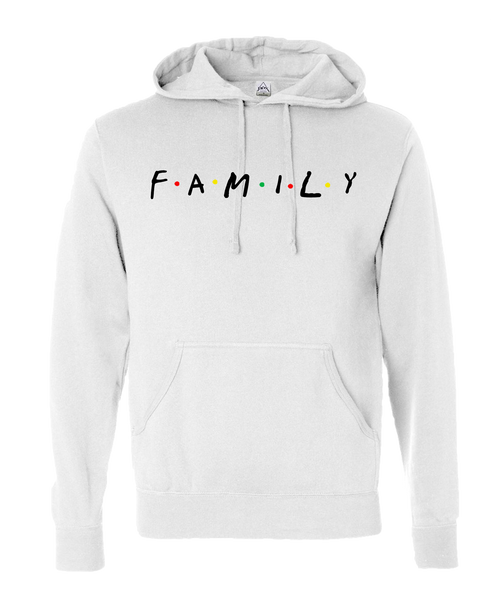 White hoodie with a family spin on the friends logo