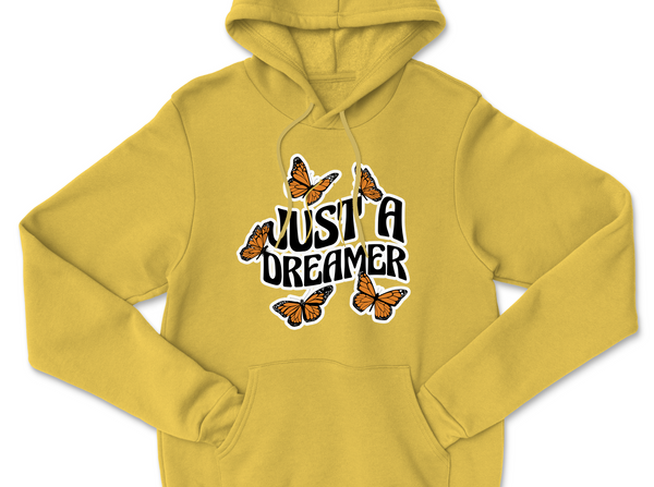 Yellow hoodie with just a dreamer design with butterflies